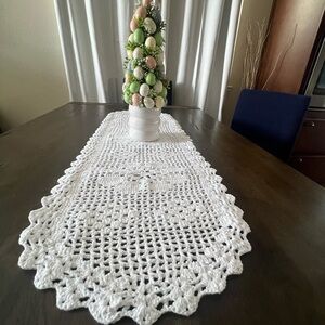 White Crochet Table Runner with Flower Design